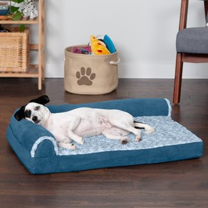 FurHaven Two-Tone Deluxe Chaise Memory Top Cat & Dog Bed with Removable Cover, Marine Blue, Medium
