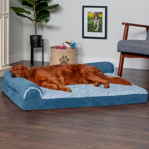FurHaven Faux Fur & Suede Memory Foam Deluxe Chaise Dog & Cat Bed, Marine Blue, Jumbo
