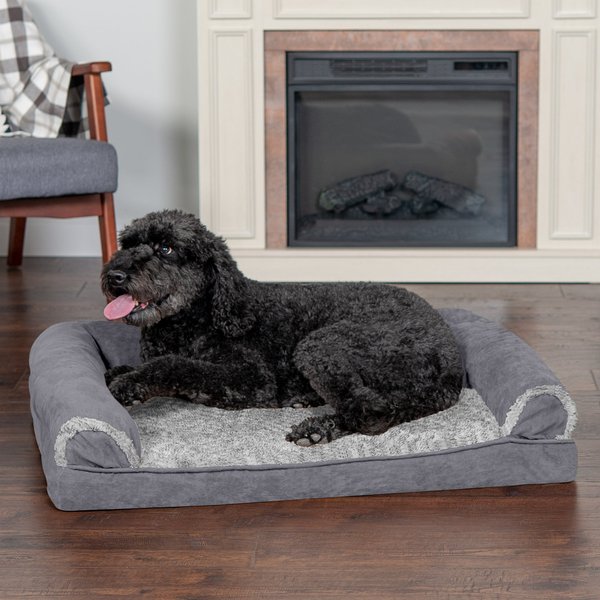 FurHaven Faux Fur & Suede Memory Foam Sofa Dog & Cat Bed, Stone Gray, Large slide 1 of 9