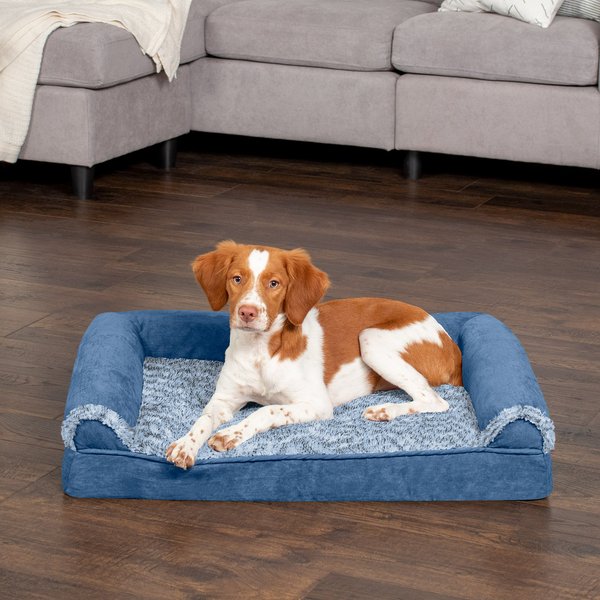 FurHaven Faux Fur & Suede Memory Foam Sofa Dog & Cat Bed, Marine Blue, Medium slide 1 of 9