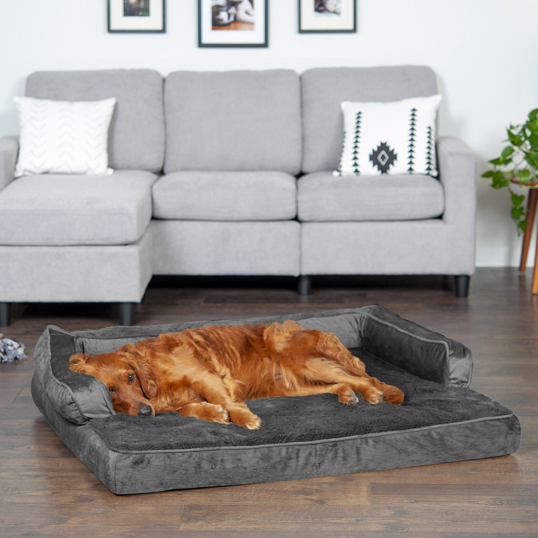 FurHaven Luxe Fur & Performance Linen Cooling Gel Sofa Bed - Woodsmoke (Medium)