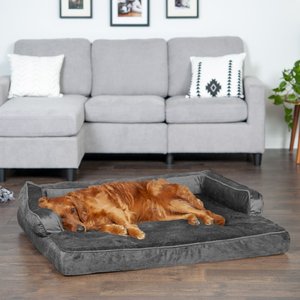 FURHAVEN Faux Fur & Suede Memory Foam Sofa Dog & Cat Bed, Stone Gray ...