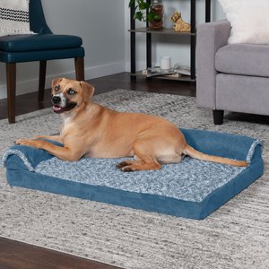 FurHaven Two Tone Faux Fur & Suede Deluxe Chaise Cooling Gel Dog & Cat Bed with Removable Cover, Marine Blue, Large