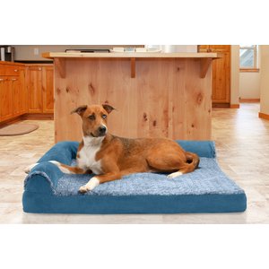 FurHaven Two Tone Faux Fur & Suede Deluxe Chaise Cooling Gel Dog & Cat Bed w/Removable Cover, Marine Blue, Jumbo