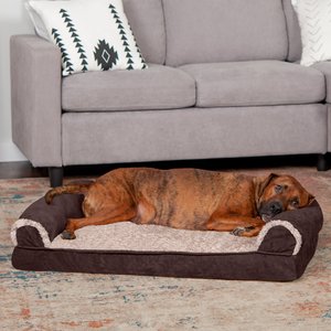 FurHaven Faux Fur & Suede Cooling Gel Sofa Dog & Cat Bed, Espresso, Large