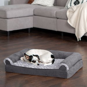 FurHaven Faux Fur & Suede Cooling Gel Sofa Dog & Cat Bed, Stone Gray, Medium