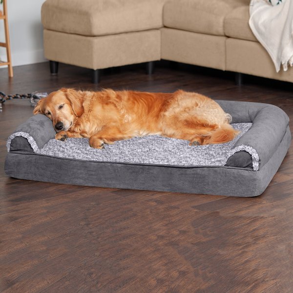 FurHaven Faux Fur & Suede Cooling Gel Sofa Dog & Cat Bed, Stone Gray, Jumbo slide 1 of 9