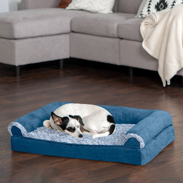 FurHaven Faux Fur & Suede Cooling Gel Sofa Dog & Cat Bed, Marine Blue, Medium slide 1 of 9