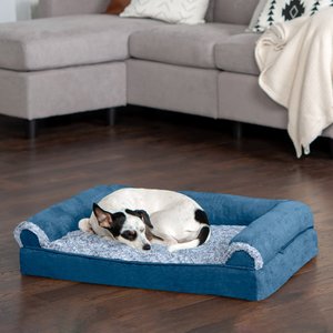 FurHaven Faux Fur & Suede Cooling Gel Sofa Dog & Cat Bed, Marine Blue, Medium