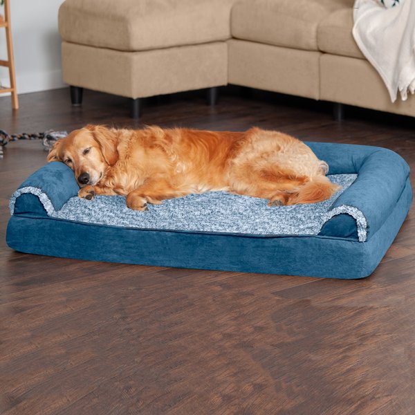 FurHaven Faux Fur & Suede Cooling Gel Sofa Dog & Cat Bed, Marine Blue, Jumbo slide 1 of 9