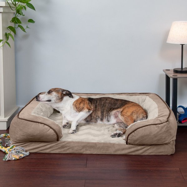FurHaven Velvet Waves Perfect Comfort Orthopedic Sofa Cat & Dog Bed with Removable Cover, Brownstone, Large slide 1 of 9