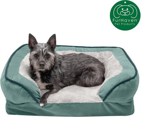 Show full view: FurHaven Velvet Waves Perfect Comfort Orthopedic Sofa Cat & Dog Bed with Removable Cover, Celadon Green, Small slide 4 of 10