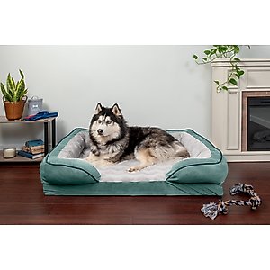 FurHaven Velvet Waves Perfect Comfort Memory Foam Bolster Cat & Dog Bed with Removable Cover, Celadon Green, Jumbo