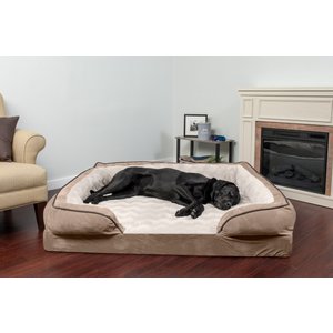 FurHaven Velvet Waves Perfect Comfort Cooling Gel Bolster Cat & Dog Bed with Removable Cover, Brownstone, Jumbo Plus