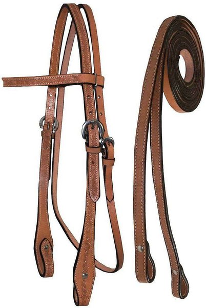 Tahoe Tack Barbwire Leather Western Hand Tooled Horse Browband Headstall & Split Reins, Light Tan, Full slide 1 of 2