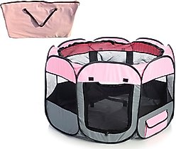 Pet Life All-Terrain Wire-Framed Collapsible Travel Dog Playpen, Pink & Grey, Large