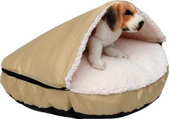 HappyCare Textiles Durable Oxford to Sherpa Pet Cave Covered Cat & Dog Bed with Removable Cover, Khaki