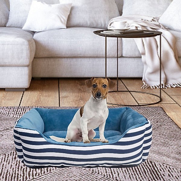 HappyCare Textiles Rectangle Ultra-Soft Bolster Cat & Dog Bed, Blue Stripe, Large slide 1 of 6