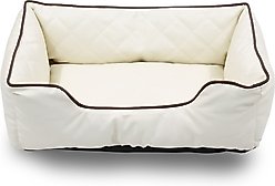 HappyCare Textiles Luxury All Sides Faux Leather Bolster Cat & Dog Bed, Ivory, Large
