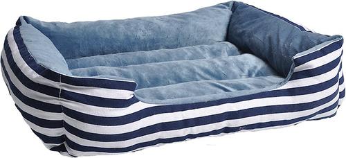 Show full view: HappyCare Textiles Plush to Suede Rectangle Bolster Cat & Dog Bed, Blue Stripe slide 2 of 7