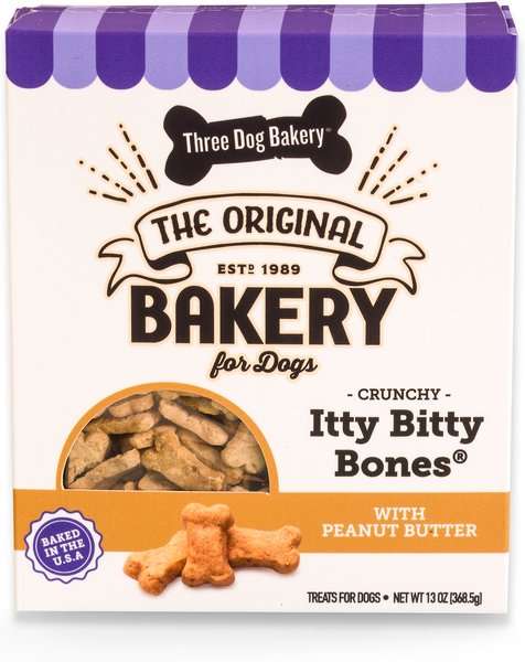 Three Dog Bakery Itty Bitty Bones With Peanut Butter Dog Treats, 13-oz box slide 1 of 5
