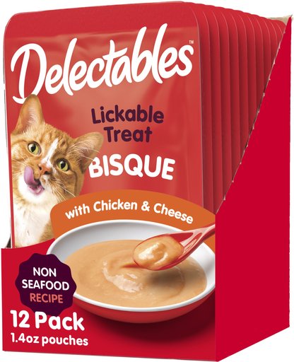 Hartz Delectables Bisque Non-Seafood Recipe Chicken & Cheese Lickable Wet Cat Treats, 1.4-oz, case of 12