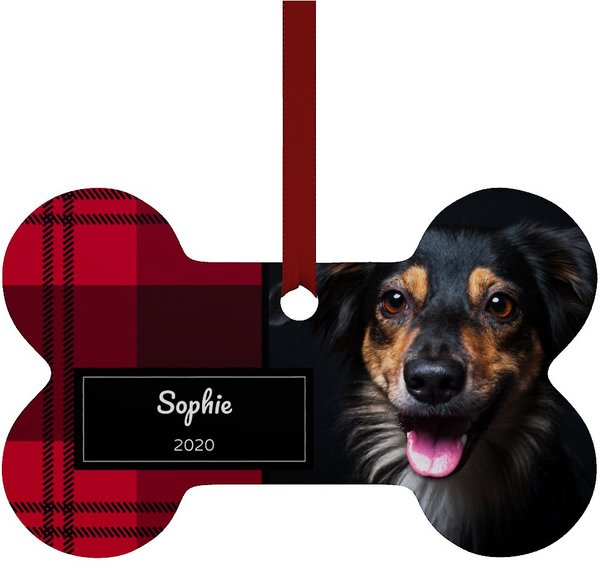 Frisco Plaid Bone Shape Metal Personalized Dog Holiday Ornament slide 1 of 5