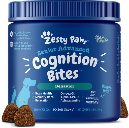 Zesty Paws Advanced Cognition Bites Chicken Flavored Soft Chews Brain & Nervous System Supplement for Senior Dogs, 90 count