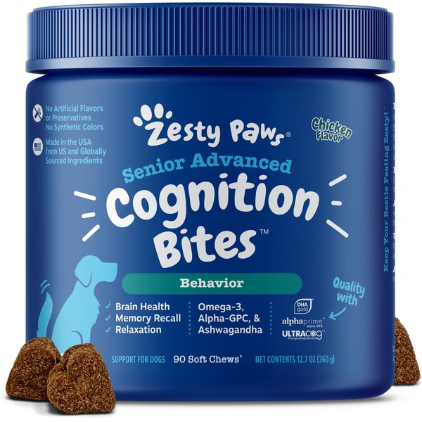 Zesty Paws Advanced Cognition Bites Chicken Flavored Soft Chews Brain & Nervous System Supplement for Senior Dogs