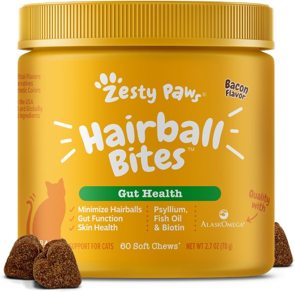 Zesty Paws Hairball Bites Bacon Flavored Soft Chews Hairball Control Supplement for Cats, 60 count slide 1 of 7