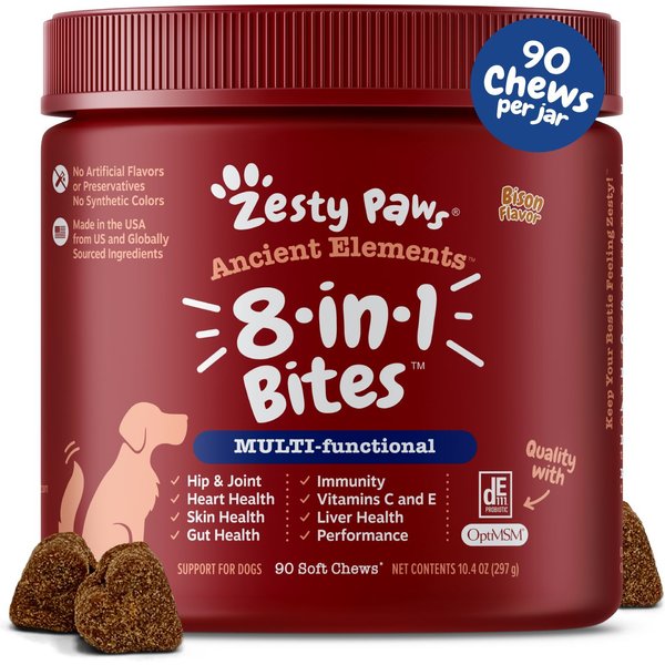 Zesty Paws Ancient Elements Mobility Bites Bison Flavored Soft Chews Glucosamine Hip & Joint Supplement for Dogs, 90 count