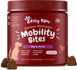 Zesty Paws Ancient Elements Mobility Bites Bison Flavored Soft Chews Glucosamine Hip & Joint Supplement for Dogs, 90 count