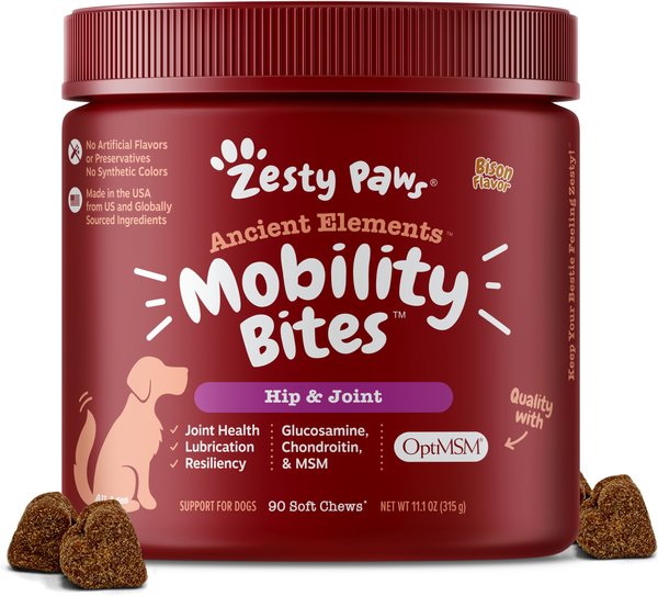 Zesty Paws Ancient Elements Mobility Bites Bison Flavored Soft Chews Hip & Joint Supplement for Dogs, 90 count slide 1 of 9