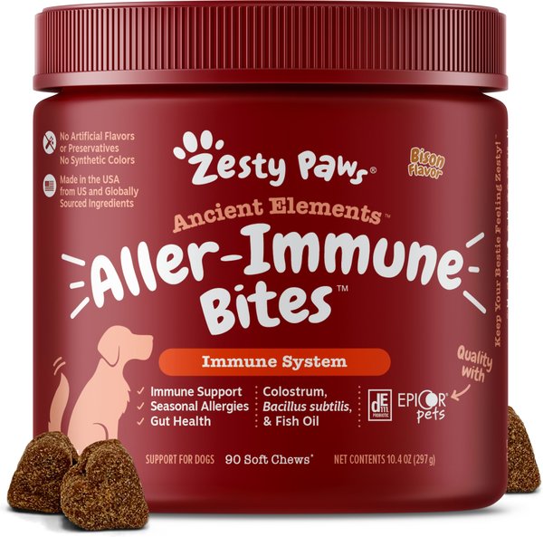 Zesty Paws Ancient Elements Aller-Immune Bites Bison Flavored Soft Chews Allergy & Immune Supplement for Dogs, 90 count slide 1 of 8