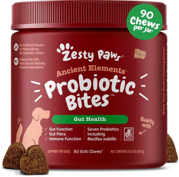 Zesty Paws Ancient Elements Probiotic Bites Bison Flavored Soft Chews Digestive Supplement for Dogs, 90 count slide 1 of 9