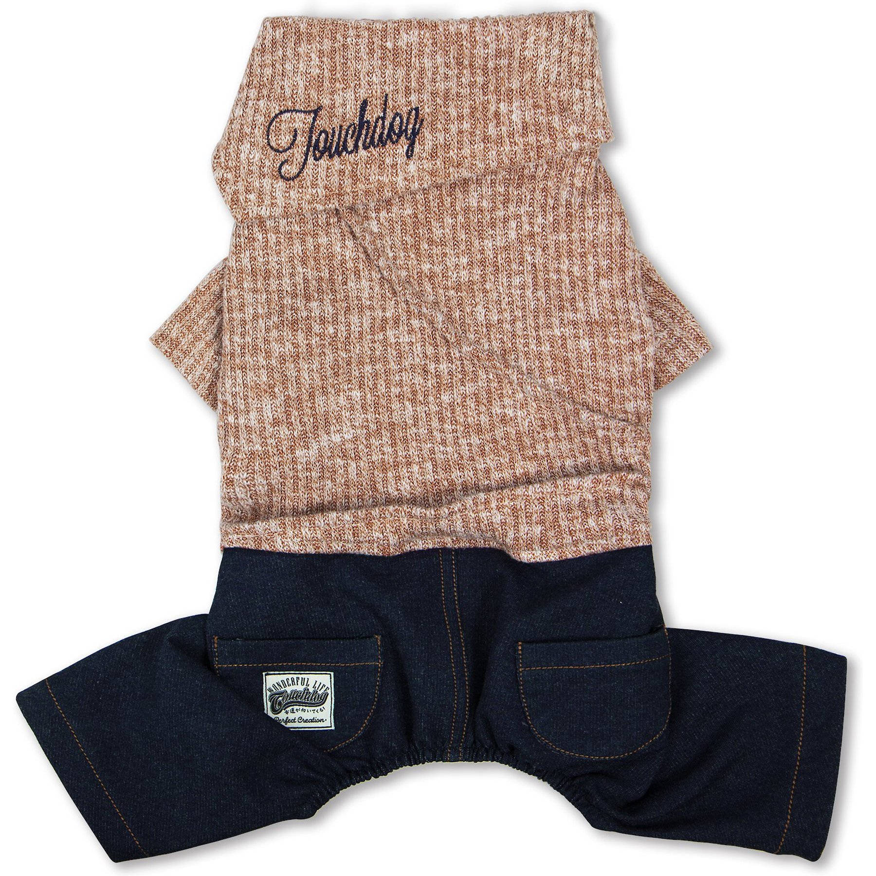 Touchdog Vogue Neck-Wrap Sweater & Denim Dog & Cat Pant Outfit, Peach, X-Small