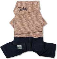 Touchdog Vogue Neck-Wrap Sweater & Denim Dog & Cat Pant Outfit, Peach, Small