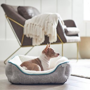 Frisco Sherpa Rectangular Bolster Cat & Dog Bed, Gray Basket Weave Print, Small
