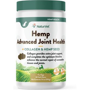 NaturVet Hemp Advanced Joint Health Glucosamine, Chondroitin & MSM Plus Collagen, Extra Joint Support Dog Supplement, 60 count