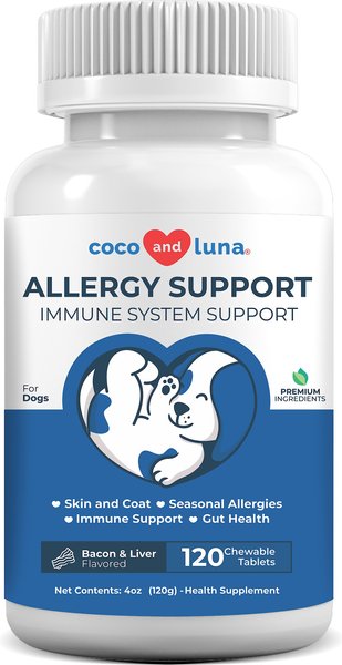 Coco and Luna Allergy Relief Immune System Health Bacon & Liver Flavor Chewable Tablets Dog Supplement, 120 count slide 1 of 8