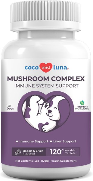 Coco & Luna Mushroom Complex Immune System Support Bacon & Liver Flavor Chewable Tablets Dog Supplement, 120 count slide 1 of 8