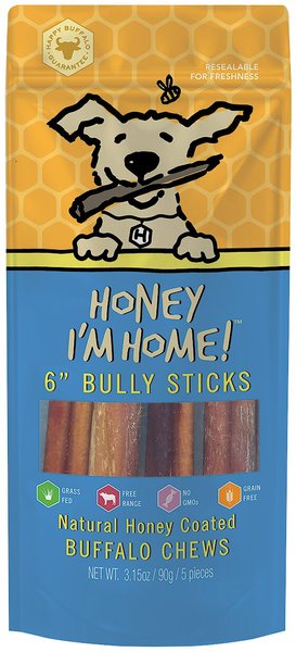 Honey I'm Home! 6-in Bully Sticks Natural Honey Coated Buffalo Chews Grain-Free Dog Treats, 5 count slide 1 of 4
