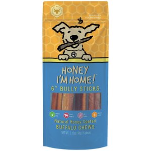 Honey I'm Home! 6-in Bully Sticks Natural Honey Coated Buffalo Chews Grain-Free Dog Treats, 5 count