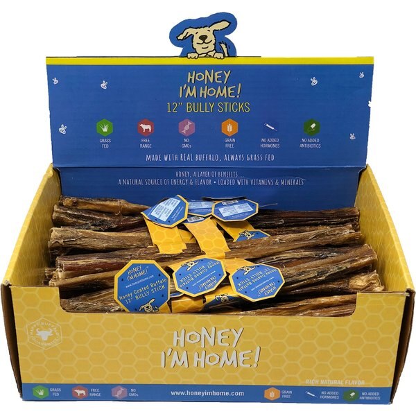 Honey I'm Home! 12-in Bully Sticks Natural Honey Coated Buffalo Chews Grain-Free Dog Treats