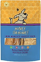 Honey I'm Home! Mini Muncher Variety Pack Natural Honey Coated Buffalo Chews Grain-Free Dog Treats, 6 count