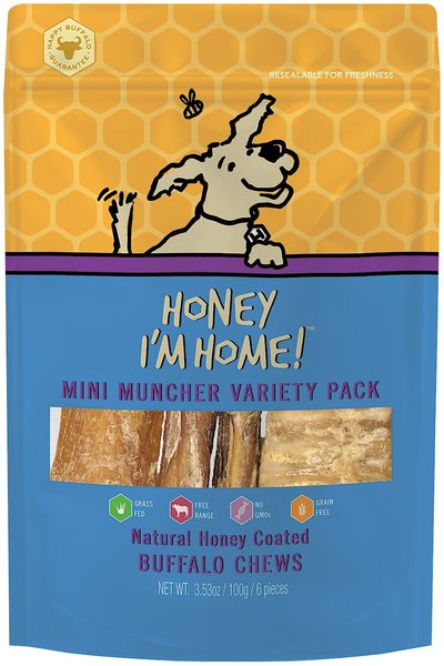 Honey I'm Home! Mini Muncher Variety Pack Natural Honey Coated Buffalo Chews Grain-Free Dog Treats, 6 count slide 1 of 4