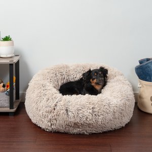 FurHaven Calming Cuddler Long Fur Donut Bolster Dog Bed, Taupe, Medium