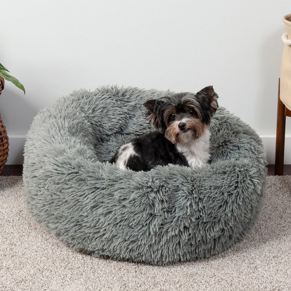 FurHaven Calming Cuddler Long Fur Donut Bolster Dog Bed, Gray, Small slide 1 of 10