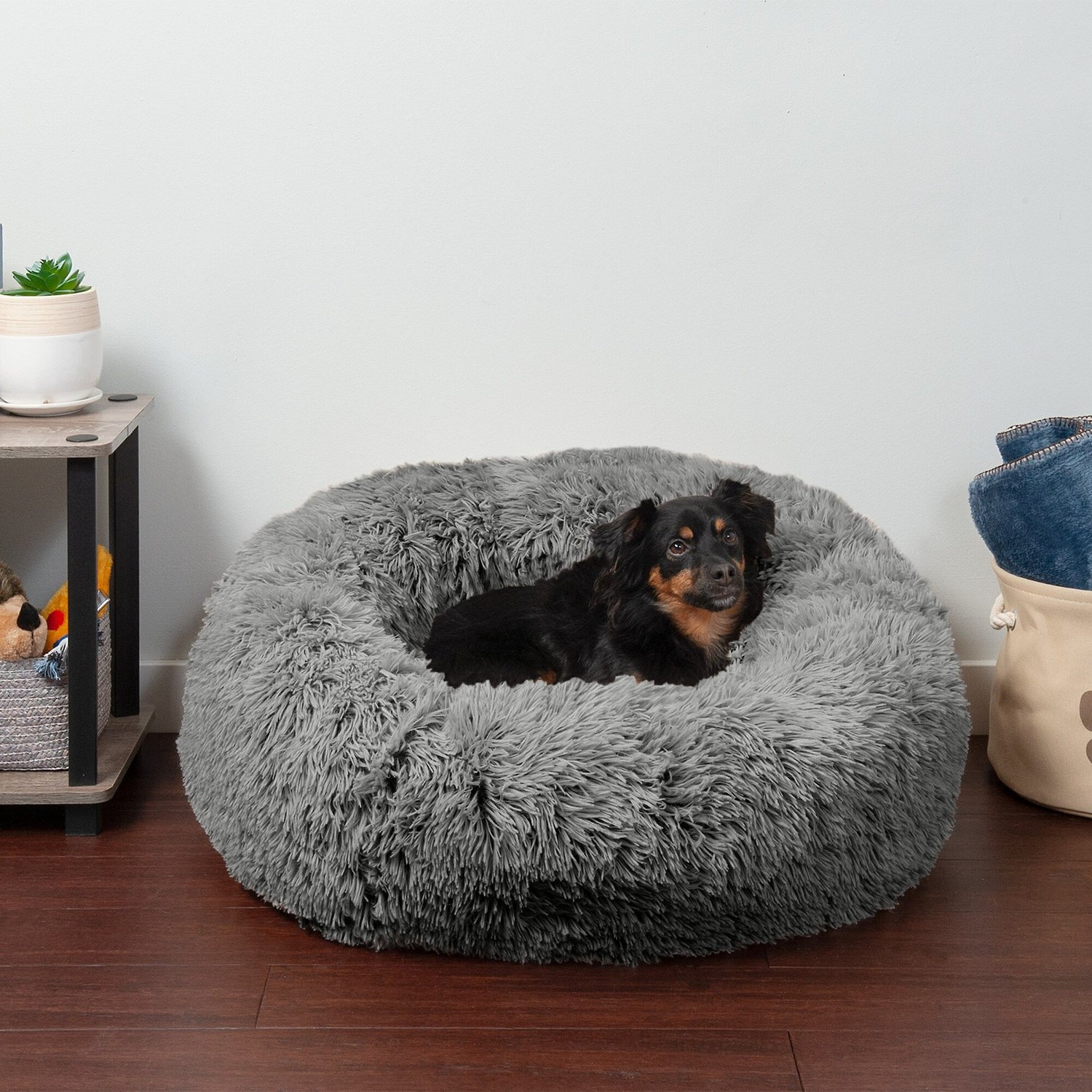 FURHAVEN Calming Cuddler Long Fur Donut Bolster Dog Bed, Gray, Medium ...