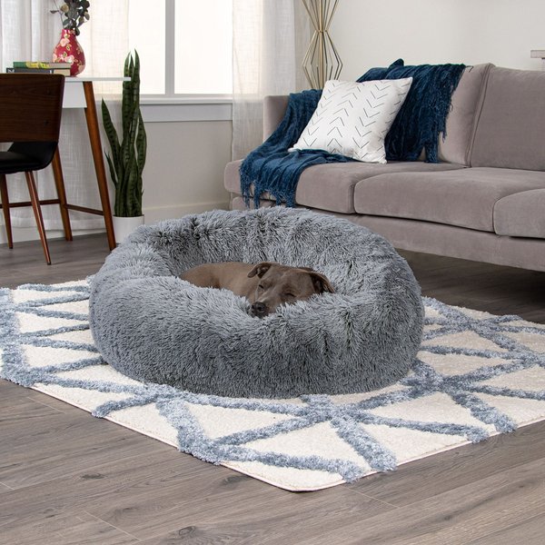 FurHaven Calming Cuddler Long Fur Donut Bolster Dog Bed, Gray, Large slide 1 of 10
